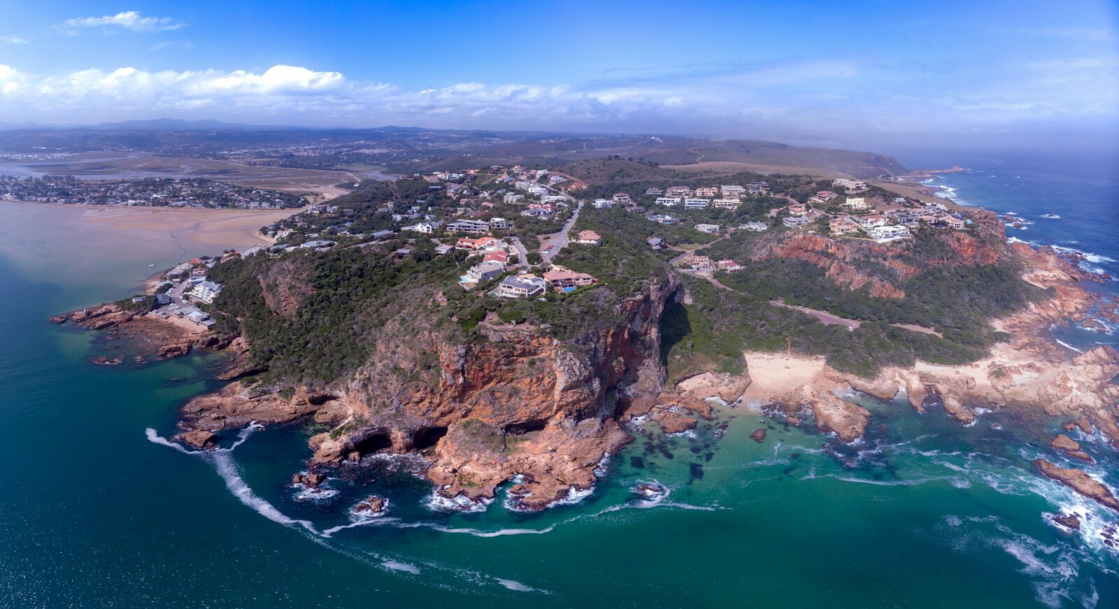 An aerial view of the rocky headlands and lagoon at Knysna on the Garden Route.